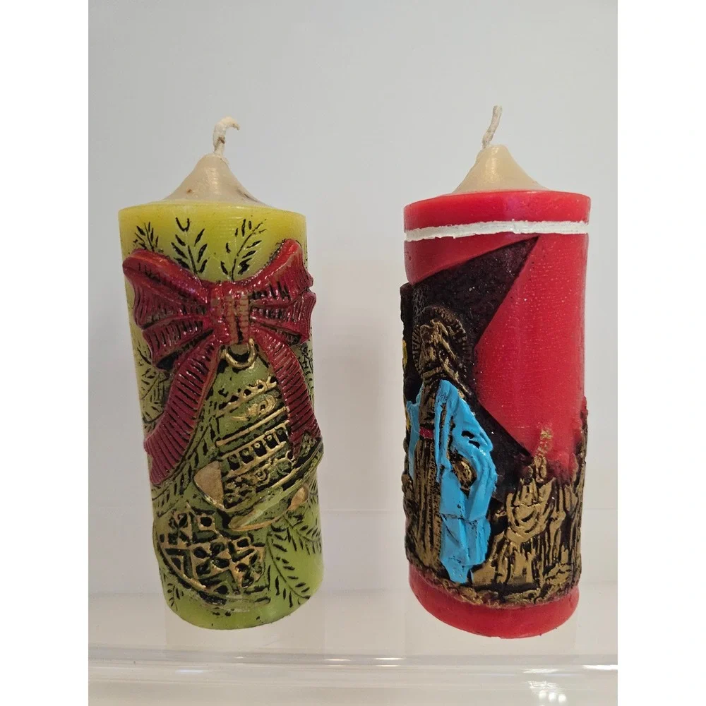 Vintage‎ 70s Candles Christmas Nativity Bell Red Green Kitch Set of 2 Not Burned